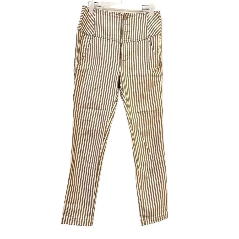 Free People Womens Frankie Pants Skinny High Waist Stripe Tan & White Size 4